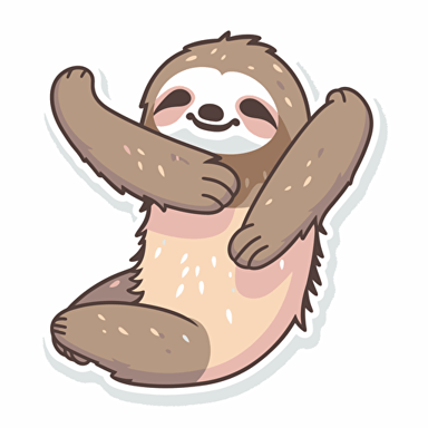 sticker, sloth with two upper legs apart, sitting on two lower legs, hugs, colors: beige, blue, brown, pink, pastel colors, on a white background, vector