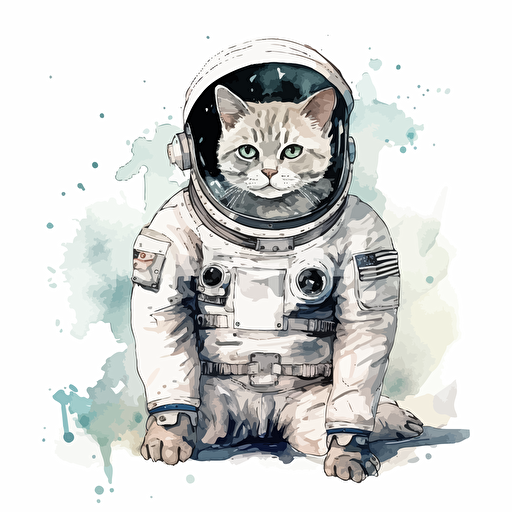 2D vector manga watercolor cosmonaut cat, cellshading, white background