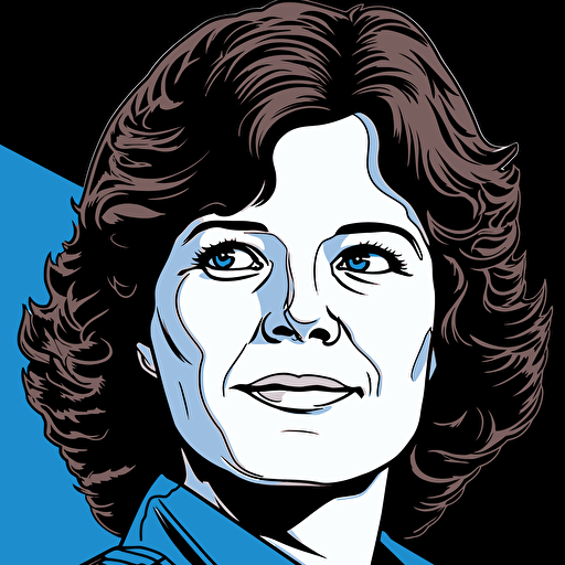 a headshot of Sally Ride, close up, simple blue astronaut uniform, pale blue eyes, standing in front of a starry sky, vector art