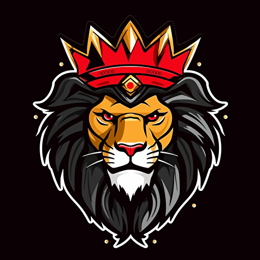 commander lion wearing a crown, gaming logo, vector logo, minimalistic, modern, mascot, red and black colors, no background