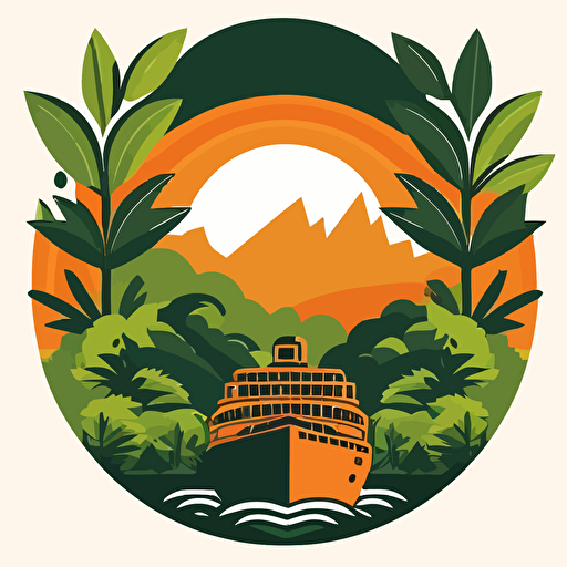a simple, vibrant circular logo of a cruise ship in orange exiting a green jungle scene in vector format
