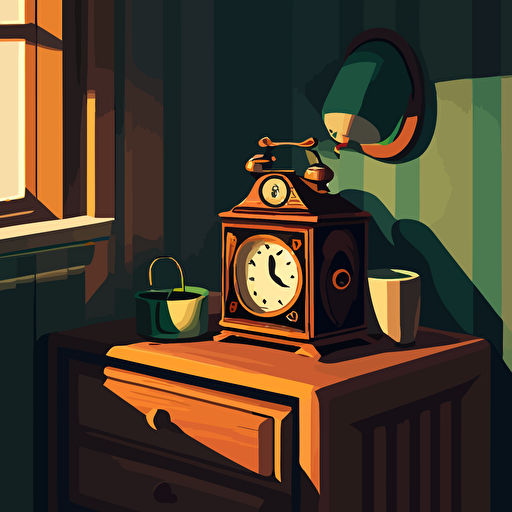 illustrated scene of a nightstand with an alarm clock. Vector. Moody. Detailed. Contrasting shadows. Modern**