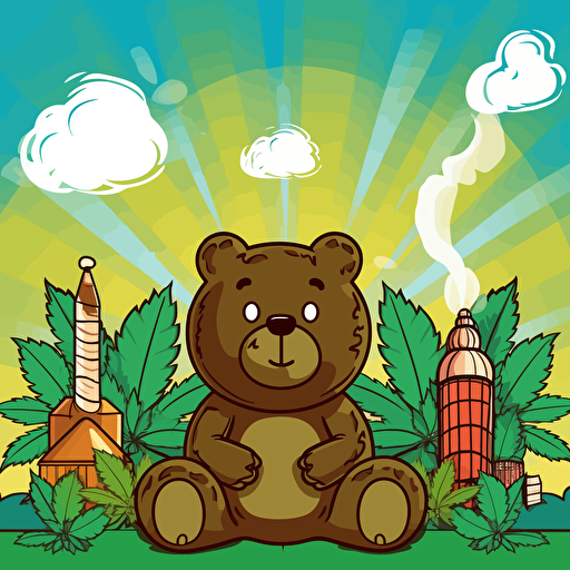 teddy bear smoking marijuana that is wrapped in a hemp leaf with a edible factory in the background, marijuana plants in the background, candy machines, vector art,