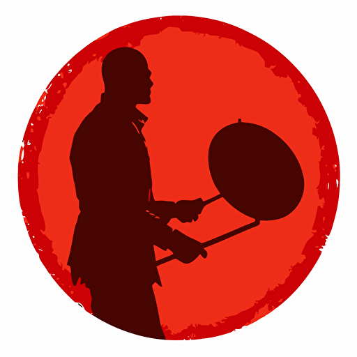 2d vector simple silhouette of a male holding a red hand drum. 2 colours.