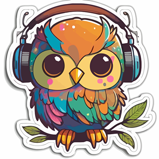 Sticker, happy colorful owl wearing headphones, kawaii, contour, vector, white background