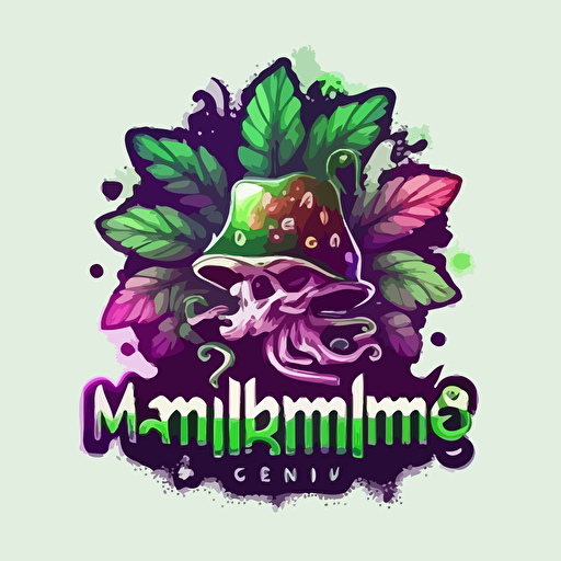 smoking goblin marijuana leaf mushrooms vector logo, purple, green, red, white background