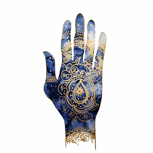 fatma's hand navy watercolor drawing with gold and navy pattern inside vector, white background