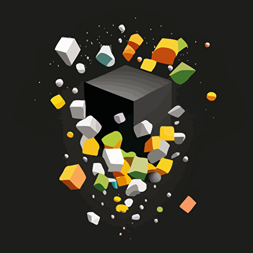 black background, vector art minimal, cudes that makes up a funnel, gray and black colors on the exterior print layer , delicacy, with smaler cube being released from the bottom of the fullen, interlayer of 1/2 size small muilti-colored cubes inside falling out of the cube, with different shades, black background, only cudes