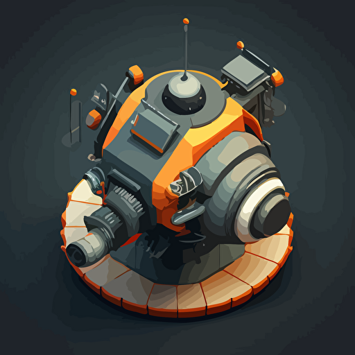 heavy duty space probe, round, vector, simple, top down, isometric, orange and grey, black background