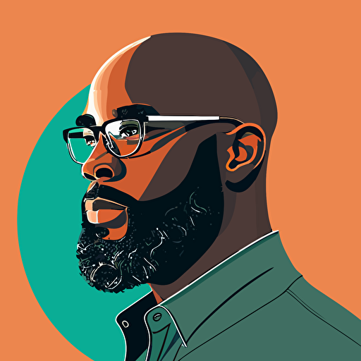 beautiful, flat vector illustration. a podcast cover for a show with productivity strategies for neurodivergent black men with a balding with a low hair cut, beard, and warby parker glasses.
