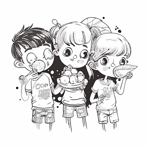 black and white vector illustration of two boys and one girl eating magical fruits