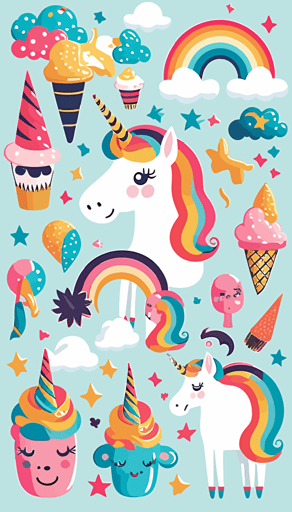 Vector style pattern with at least 30 rendered objects consisting of friendly and colorful unicorns, flamingos, cupcakes and rainbows, clear vector faces, colorful,