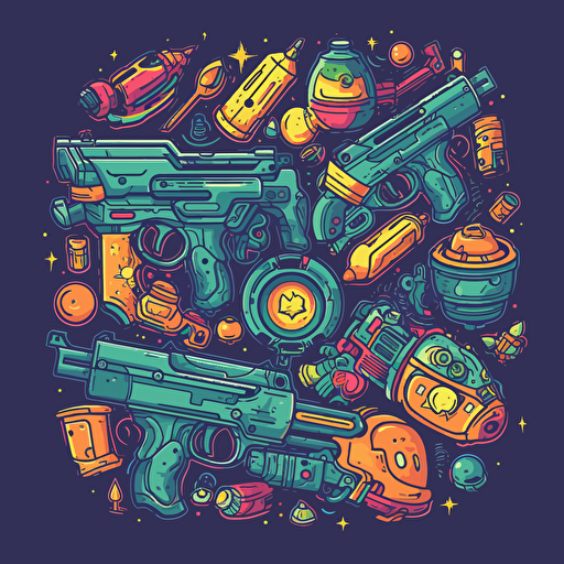space gun toys, cartoon illustration, colors, Vector illustration, retro colors