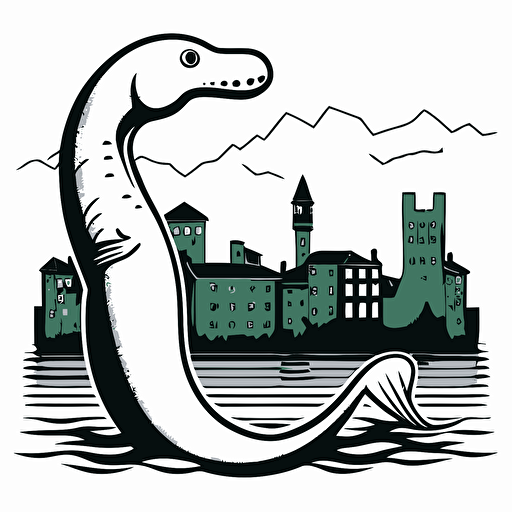 loch ness monster in the bad part of the city, vector logo, vector art, emblem, simple cartoon, 2d, no text, white background