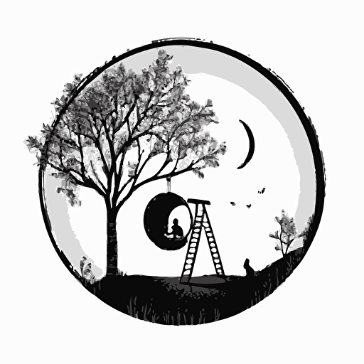 simple vector art black and white illustration profile view of a children’s playground which slide, tire swing and seesaw. Drawn in a circle on white background