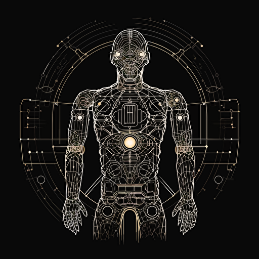 Sacred geometry, Banksy style, black background, large closed shapes, fantasy roboter, white space to fill, abstract, artistic, pen outline, white background, very simple, full field of view, centre, minimalistic logo vector art , simple flat vector logo