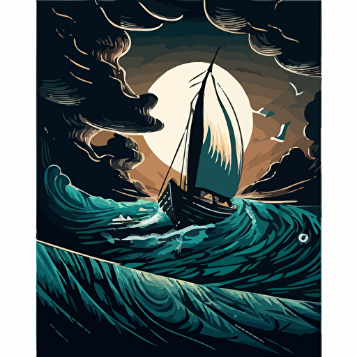 crete an illustration of a modern sailboat at night in rough seas, vector style