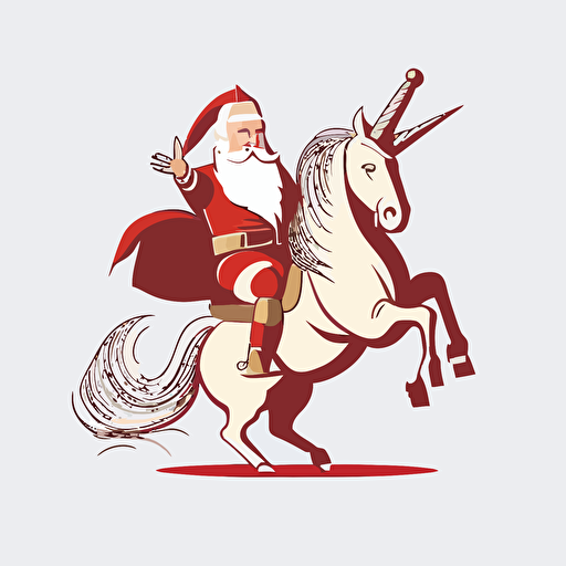 santa riding a unicorn, vector logo, vector art, emblem, simple cartoon, 2d, no text, white background