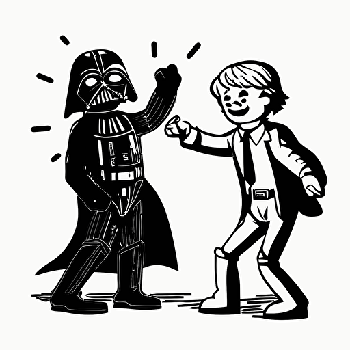 Darth vader and luke skywalker high five, Clipart, Enthusiastic, Primary Color, comic style, Contour, Vector, White Background, Detailed