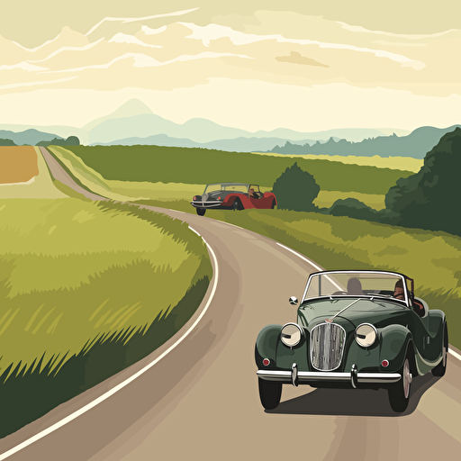 English countryside road long and winding with a couple of classic british cars on the road 3/4 view vector illustration