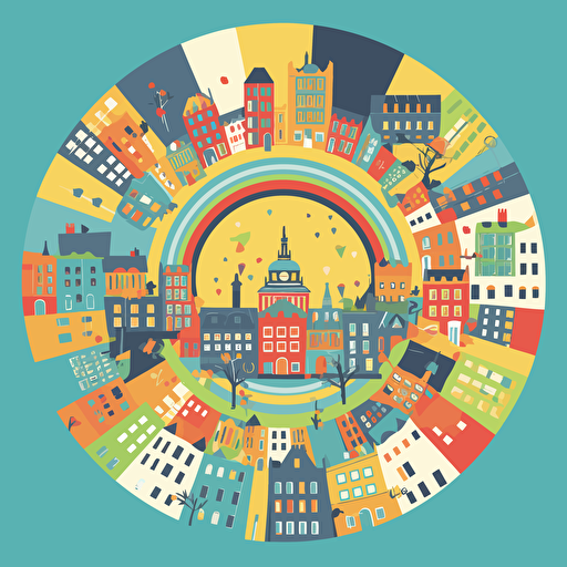 a basic city themed card back design that is rotationally symmetric, in fun primary colours with a vector art style