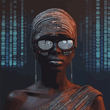 cyberpunk ghost in the machine, techno-ziggurat made of digital binary barcode data, cryptopunk vector dot matrix futuristic generative art landscape, ultra-sharp intricate details::3 artwork by Hassan Hajjaj:: artwork by Mary Sibande:: artwork by Viviane Sassen:: artwork by Aida Muluneh:: artwork by Delphine Diallo