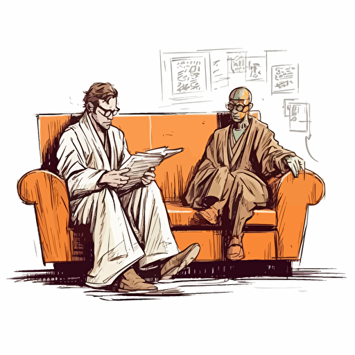 luke skywaker in jedi robes holding a lightsaber, lying on a psychiatrists couch looking worried and confused. as a psychiatrist wearing a suit and wearing glasses, writing in a notebook, is sat opposite in a big leather chair, comic book style vector drawing white background