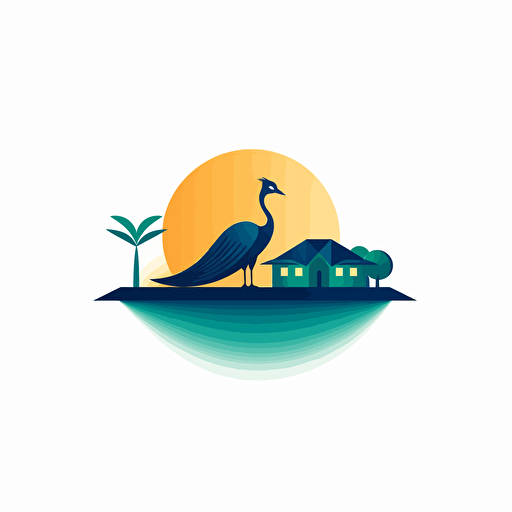 minimalist abstract vector simple logo, only simple shapes, low detail, luxury cabanas, cabanas are close to the top of a hill, the hill is next to a lake, there is a peacock in the roof of the cabana