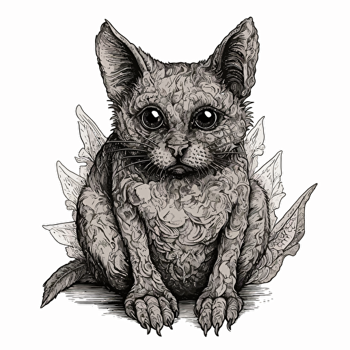 The Bat-cat' By Albert Joseph Pénot inspired illustration vector of horror cat, no color, no shading, black and white, white background