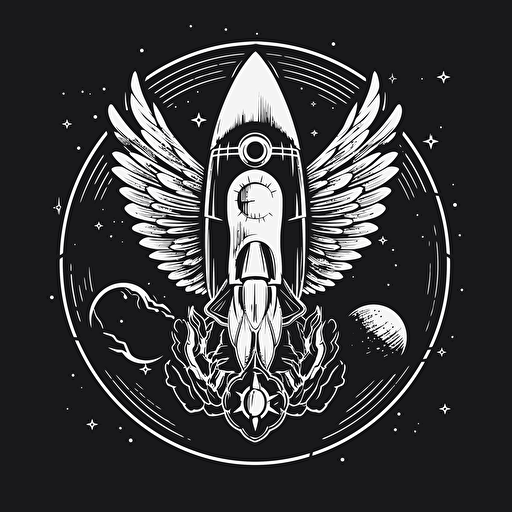 logo for a rocket company with phoenix wings and rocket parts, vector image, monocromatic
