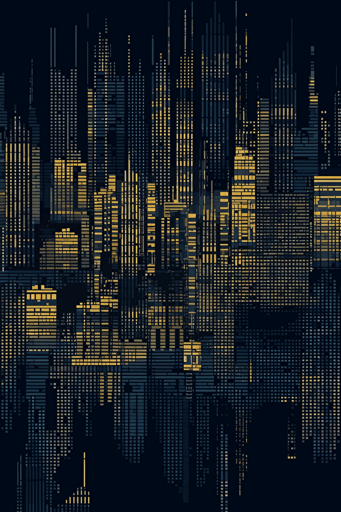 seamless wallpaper made of digital binary barcode data, vector dot matrix futuristic ziggurat cityscape skyline, ultra-sharp intricate details, navy and gold, dark indigo and dark gray