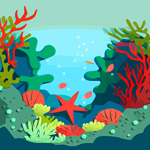 tidepool on the west coast, red sea stars, green kelp, blue rocks, minimalist design, fun vibe, vector, 2d, flat, 8 colors
