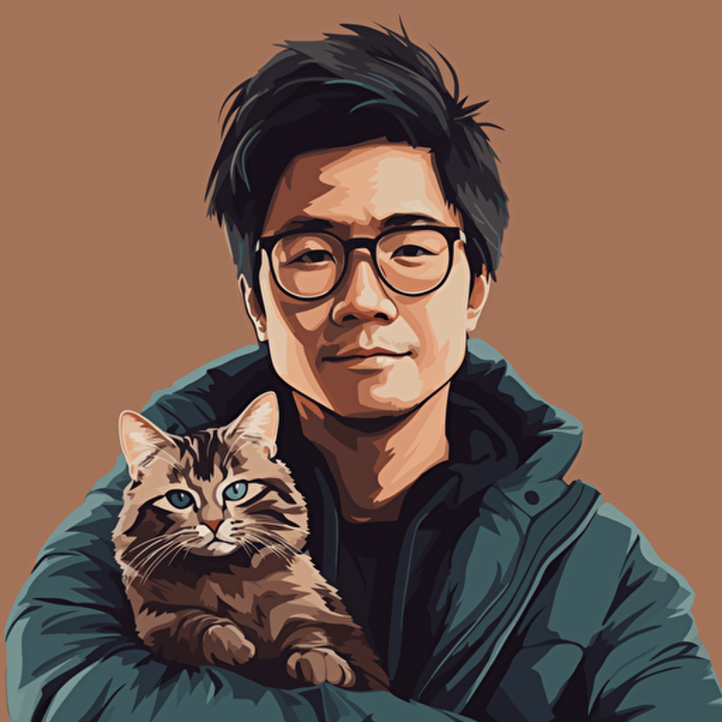 vector art style 28 year old asian man as a cat, in the style of Micheal Parks
