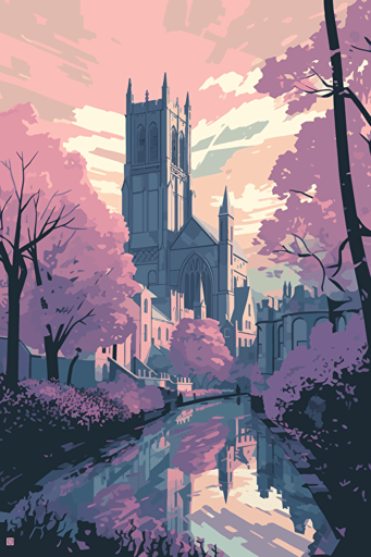 Flat vector art illustration featuring The Ripon Cathedral United Kingdom, Pastel blues, purples, and pinks, Wide Angle, no text