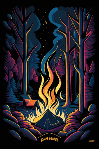 campfire, three colors, pop art deco illustration, hand vector art, black background,