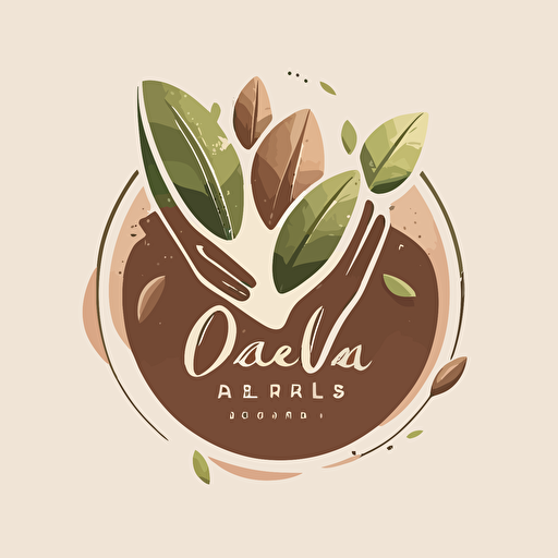 produce a melaleuca-style minimalistic vector logo for organic nails shop featuring leaves and a beautiful light-colored hand being pampered with earth colored polish, in green and brown shades, abstract and simplicity