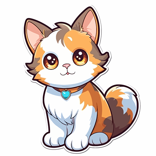 sticker, smart and cute calico cat, kawaii, contour, vector, white background