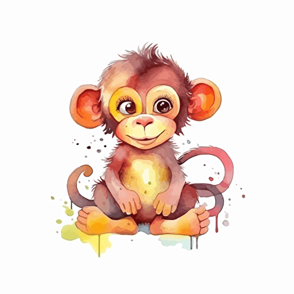 cute monkey, detailed, cartoon style, 2d watercolor clipart vector, creative and imaginative, hd, white background