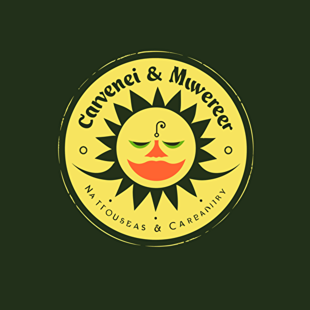 a logo for a fun caribbean carnival restaurant that signifies/symbolizes all hours of the day including the sun and moon or a calendar or time, drinks and food, music, fun times, 3 colors, minimalism, vector, no text,