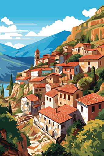 flat vector drawing, svg, a picturesque village in Turkey ::5 very detailed, intricate turkish ethnic pattern, embroidery ::1