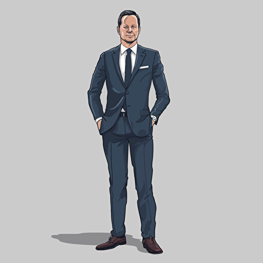 a flat vector image of a man in a navy suit and tie, full frontal view.
