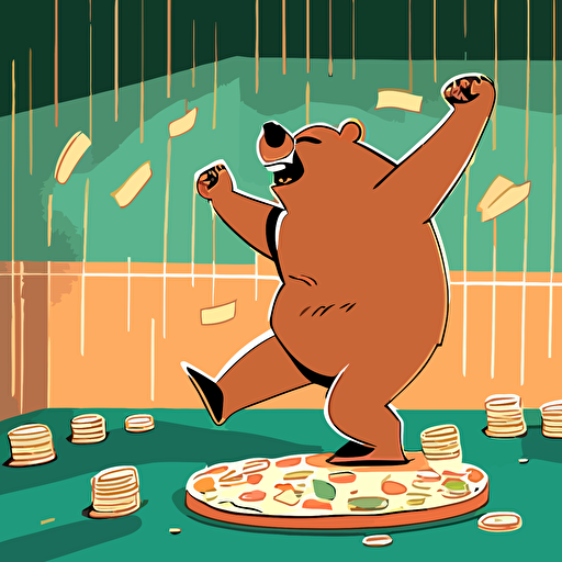 a vector image of a bear dancing, eating cake and counting money.