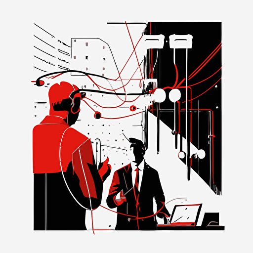 simple, flat, figma style illustration, illustrator, vector, black and white illustration on white background with dark red as decorative color in small area, fiber optic engineer communicate with customer together, happy client