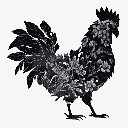 rooster made of flowers, Sticker, Adorable, Dark, kinetic art style, Contour, Vector, White Background, Detailed