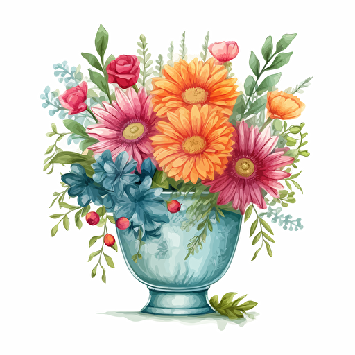vase of flowers, detailed, cartoon style, 2d watercolor clipart vector, creative and imaginative, hd, white background