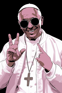 pope francis, wearing a white hoodie and white stylish gen z popstar suit fancy coat jacket, stylish sunglasses, smiling, giving a peace sign, 80s comic style vector poster, pinks and whites, black background,