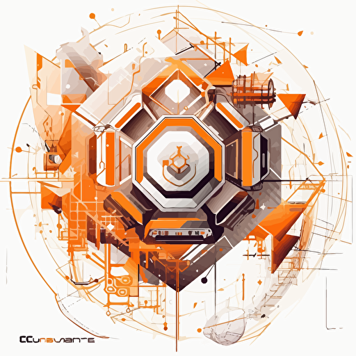 2D vector Time in geometry cyberpunk style. Colors: orange & white background