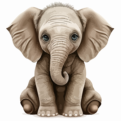 adorable baby elephant sitting, large eyes, vector style, white background