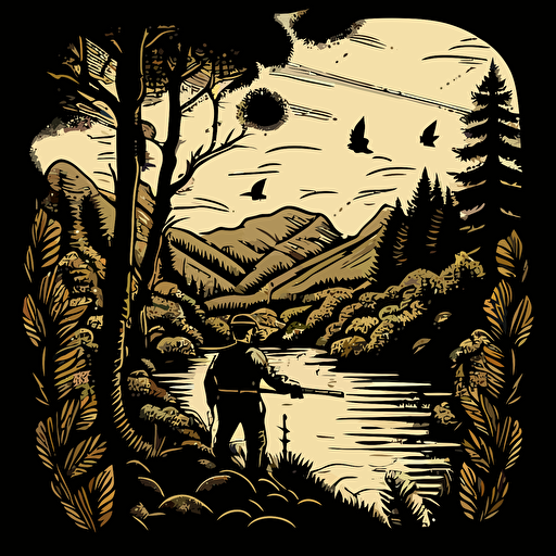 a man fly fishing in a dramatic british coutryside scene in the style of a simple woodcut vectorised illustration, simple detail with lots of white