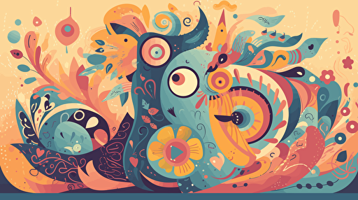 Funny abstract vector design, quirky shapes and patterns forming a whimsical creature, vibrant, cheerful color palette, lighthearted, amusing atmosphere, Vector illustration, Adobe Illustrator,